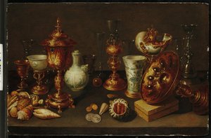 Nature morte avec coquillages, avec nautile, vases, verres et branches de corail