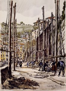 Les pêcheurs de thon, Cudillero, côte asturienne - David Muirhead Bone