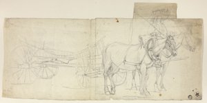 Attelage de deux chevaux avec conducteur, tirant une voiture (recto) ; croquis de femmes se penchant (verso)
