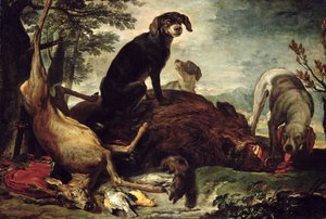Chiens avec sanglier et cerf abattus