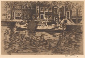 Canal avec bateau à voile amarré - David van Hessen (signed by artist)