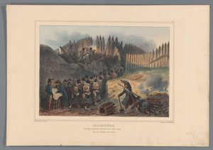 Groupe de soldats traversant une ouverture dans la palissade, 1832