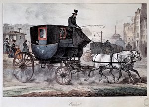 Transport public au XIXe siècle : un fiacre dans les rues de Paris (gravure en couleur)