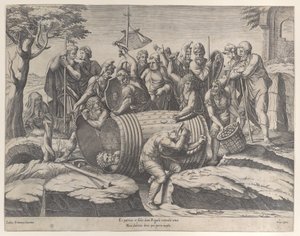 Marcus Atilius Regulus dans un tonneau tandis que deux hommes enfoncent les clous, divers personnages, 1555-77