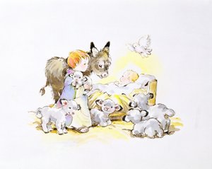 Âne et agneaux autour d