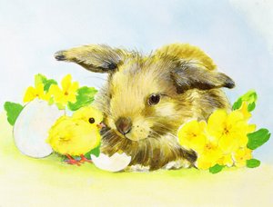 Lapin de Pâques avec primevère et poussin