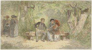 Homme, femme et enfant sur un banc dans le parc - Diederik Franciscus Jamin