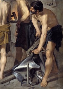 La forge de Vulcain, détail. Un des forgerons travaille sur une armure. Peinture par Diego Velasquez (1599-1660) 1630 Madrid, Musée du Prado