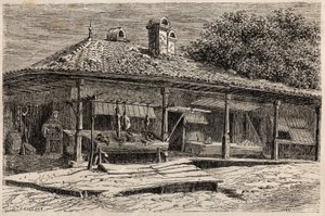 Une boucherie et une boulangerie à Bucarest (Roumanie). Gravure pour illustrer le voyage de Paris à Bucarest de Lancelot, dessinateur, en 1860, dans "Le tour du monde, nouveau journal des voyages", publié sous la direction d