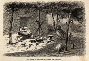 Une forge tzigane dans la région de Valachie, Roumanie. Gravure pour illustrer le voyage de Paris à Bucarest, par Lancelot, dessinateur, en 1860, publié dans « Le tour du monde, nouveau journal des voyages » - Dieudonne Auguste Lancelot
