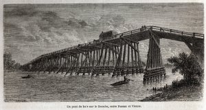 Un pont en bois sur le Danube, entre Passau et Vienne, dessin de Lancelot, pour illustrer le voyage de Victor Duruy de Paris à Bucarest en 1860. Gravure dans « Le tour du monde », édité par Edouard Charton - Dieudonne Auguste Lancelot