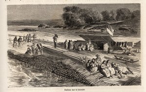 Un radeau en bois sur le Danube, pour le transport de marchandises et de personnes, dessin de Lancelot, pour illustrer le voyage de Victor Duruy de Paris à Bucarest en 1860. Gravure dans « Le tour du monde », édité par Edouard Charton
