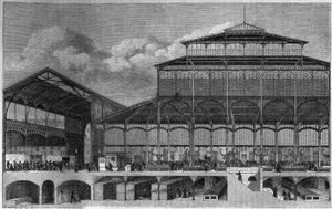 Coupe transversale des Halles de Paris en 1862. Gravure par Lancelot dans « Le Magasin pittoresque »