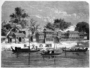 Palais conçu pour les missionnaires français à Tien Tsin (Tien-Tsin, Tianjin), Chine. Gravure par Lancelot, dans « Le Tour du Monde, Nouveau journal des Voyages », édité par Édouard Charton, Paris