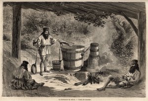 La fabrication du rakiou, alcool de céréales, sorte de schnaps très courant en Roumanie. Gravure pour illustrer le voyage de Paris à Bucarest, par Lancelot, dessinateur, en 1860, publié dans « Le tour du monde, nouveau journal des voyages », sous la direct