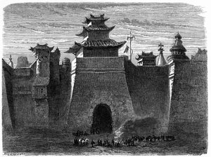 Murs et porte de Pékin (Beijing), Chine. Gravure par Lancelot, dans « Le Tour du Monde, Nouveau journal des Voyages », édité par Edouard Charton, Paris