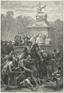 Un tombereau plein de prisonniers en route vers la guillotine, Révolution française (gravure)