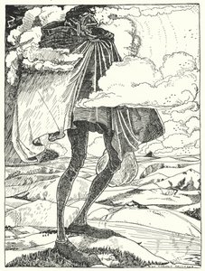 « Nous avons vu le Géant marcher sur les sommets des collines, portant son dîner dans un sac » (gravure) - Dion Clayton Calthrop