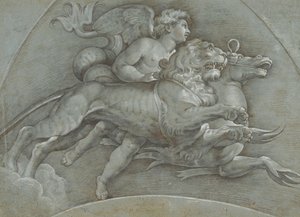 Putto Ailé Montant un Cheval Marin et un Lion après Raphaël, verso..., 1574
