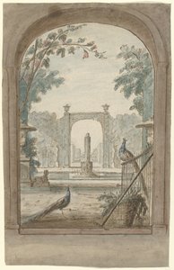 Conception pour une peinture murale avec vue à travers une grille sur un jardin, des paons et des outils de jardin - Dionys van Nijmegen (possibly)