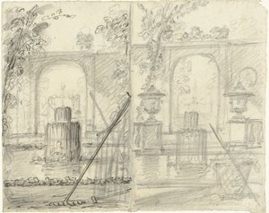 Deux conceptions pour une vue de jardin avec fontaine et outils de jardin au premier plan - Dionys van Nijmegen (possibly)