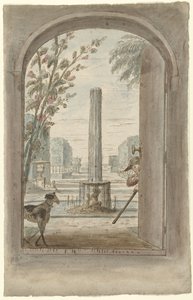 Projet pour une peinture murale avec vue à travers une porte ouverte sur un jardin avec fontaine