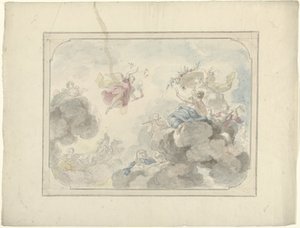 Conception pour une peinture de plafond avec vue sur le ciel où Aurora chasse les ténèbres - Dionys van Nijmegen