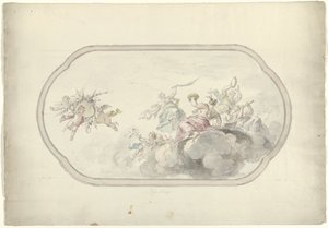 Projet pour une peinture de plafond avec des femmes musiciennes et des putti avec un panier de fleurs comme allégorie de la Joie - Dionys van Nijmegen
