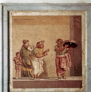 Mosaïque romaine de musiciens et acteurs masqués dans une pièce, Pompéi, Italie - Dioscurides