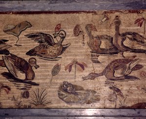 Mosaïque Romaine de Pompéi de canards et grenouilles dans un jardin aquatique