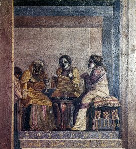 Mosaïque romaine de Scène de pièce avec des acteurs masqués, Villa de Cicéron, Pompéi, c2e siècle av. J.-C.