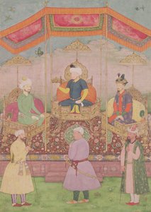 Empereur moghol Babur et son fils, Humayun, miniature indienne du Rajasthan, XVIe siècle - Dip Chand