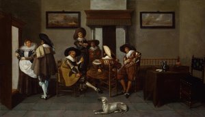 Hommes élégamment vêtus et une servante