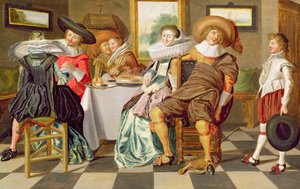 Figures élégantes festoyant à une table