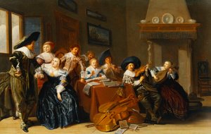 Figures élégantes avec des instruments assis à une table et une jeune fille chantant dans un intérieur, 1637