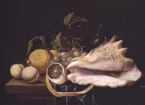 Nature morte avec coquillage Strombus et fruits