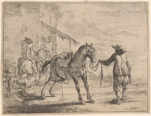 Un cheval urinant tenu par un homme