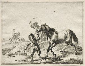 Un garçon menant un cheval boire
