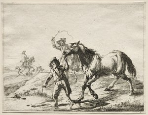 Un garçon menant un cheval boire
