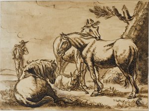 Chevaux, chèvre et un homme - Dirck Stoop