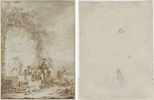 Frontispice pour un Album de Dessins : Paysans à une Fontaine (recto) Esquisse de Paysans à une Fontaine (verso) - Dirk Langendijk