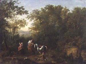 Une partie de chasse au faucon dans un paysage boisé