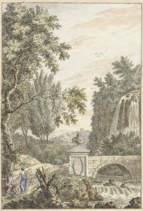 Paysage arcadien avec une cascade, un pont et trois jeunes hommes - Dirk Versteegh