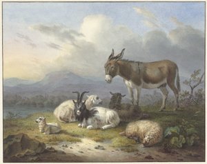 Paysage avec âne, chèvre et moutons
