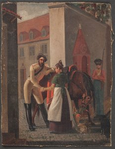 Scène de rue. Un cavalier prend congé d