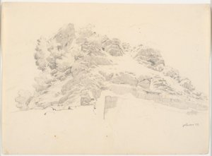 Paysage rocheux avec un peintre sous un parasol