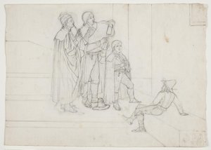 Trois musiciens (pifferari) et un jeune auditeur