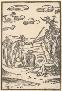 Vulcain achemine les métaux vers le lieu de leur transformation, planche 5 de la série « De la Pirotechnia » - Domenico Beccafumi