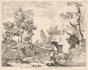 Paysage avec bergère et troupeau à un point d