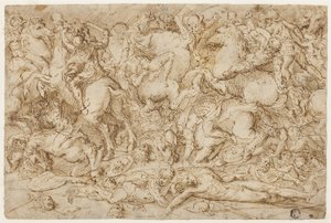 Scène de bataille avec des chevaux et des hommes - Domenico Campagnola